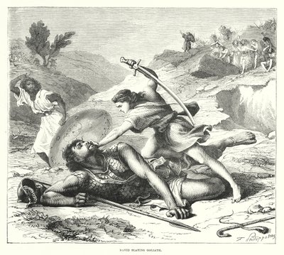 David tötet Goliath (Gravur) von English School