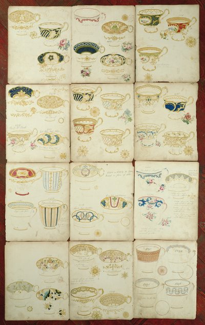 Entwürfe für Teetassen, hergestellt in der Daniel Factory, Staffordshire, um 1845 von English School
