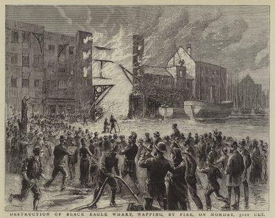Zerstörung des Black Eagle Wharf, Wapping, durch Feuer am Montag, den 31. ult von English School