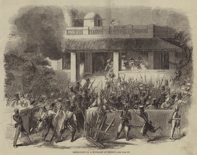 Zerstörung eines Bungalows in Meerut (Stich) von English School