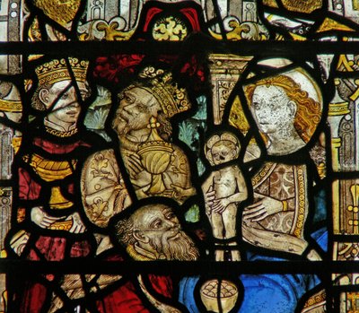 Detail eines Fensters, das die Anbetung der Heiligen Drei Könige darstellt (Detail) von English School