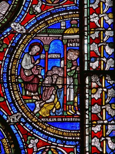 Detail eines der Bibelfenster, das St. Peter beim Predigen zeigt (Detail) von English School