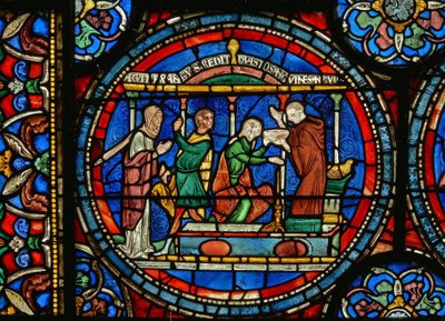 Detail des Wunderfensters, das Audrey von Canterbury zeigt, wie sie Heilwasser nimmt (Detail) von English School