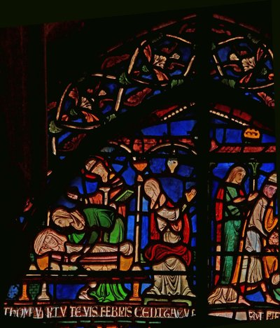 Detail aus dem Wunderfenster mit dem Erscheinen des Hl. Thomas dem Säugling Geoffrey von Winchester von English School