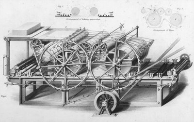 Doppeltrommel-Druckmaschine aus der Enzyklopädie der nützlichen Künste & Manufakturen, herausgegeben von Charles Tomlinson, ca. 1880er Jahre von English School