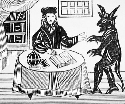 Dr. Faustus im Rat mit dem Teufel, aus Gents Übersetzung von Dr. Faustus von Christopher Marlowe (1564-93) 1648 aus einer Sammlung von Chapbooks über Esoterik von English School