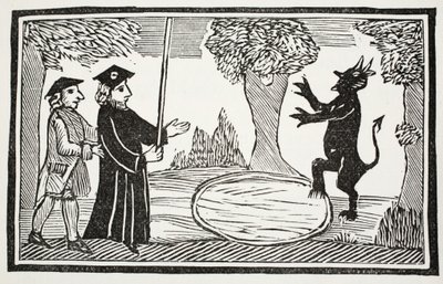 Dr. Faustus beschwört den Teufel, Illustration aus Chap-books of the Eighteenth Century von John Ashton, veröffentlicht 1882 von English School