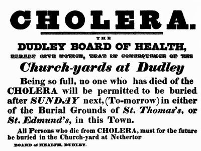 Plakat des Gesundheitsamtes von Dudley, das das Begräbnisverfahren für Menschen ankündigt, die an Cholera gestorben sind, ca. 1840er Jahre von English School