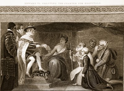 Edward VI gewährt die Charta für Krankenhäuser, Illustration aus David Humes The History of England, veröffentlicht von R. Bowyer, London, 1812 von English School