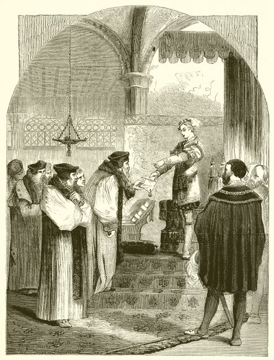 Eduard VI. überreicht den Haftbefehl für die Hinrichtung von Joan Bocher an Erzbischof Cranmer von English School