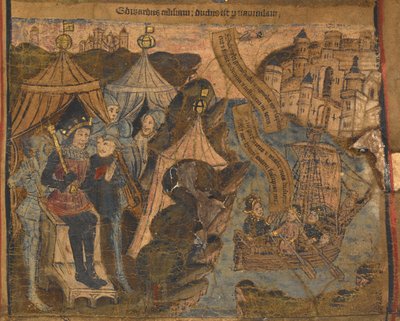 Eduard von York, zusammen mit den Grafen von Salisbury und Warwick, segeln nach Calais, nach der Schlacht von Ludford Bridge. König Heinrich VI. schaut triumphierend zu, Illustration aus 
