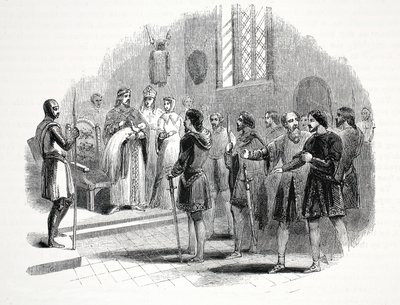 Edward der Erste präsentiert den walisischen Häuptlingen einen unter ihnen geborenen Prinzen in Rhuddlan Castle von English School