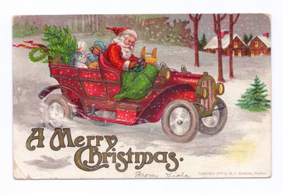 Edwardianische Weihnachtskarte von Weihnachtsmann, der ein Oldtimer-Auto durch den Schnee fährt, ca. 1910 von English School