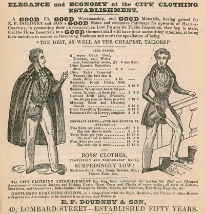 Eleganz und Sparsamkeit im City Clothing Establishment; E P Doudney & Son, 49 Lombard Street, London von English School