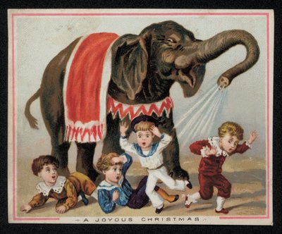 Elefant bespritzt spielerisch Kinder mit Wasser, Weihnachtskarte von English School