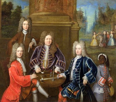 Elihu Yale (1648-1721) der zweite Herzog von Devonshire, Lord James Cavendish, Mr Tunstal und ein Page, ca. 1708 von English School