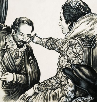 Elizabeth I. schlägt einen ihrer treuen Diener zum Ritter von English School