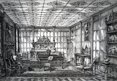 Elisabethanisches Esszimmer, veröffentlicht in The House-Furnisher & Decorator, 1. Oktober 1872 von English School