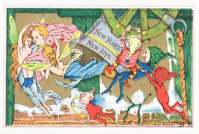 Elfen und Engel feiern Neujahr, Neujahrskarte von English School