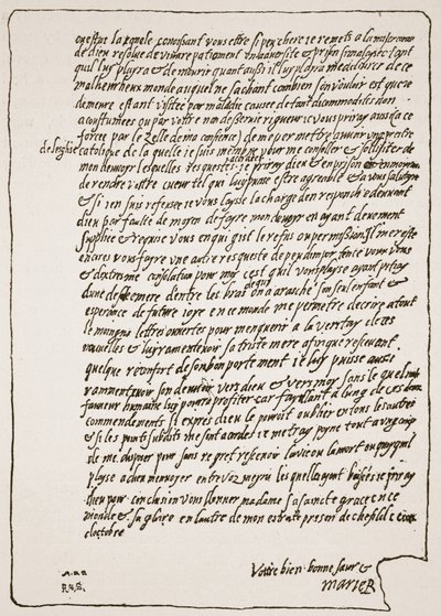 Ende eines Briefes an Königin Elizabeth, von Maria Stuart, als sie im Gefängnis war, in dem sie um einen katholischen Kaplan bittet, Illustration aus Die Kirche von England: Eine Geschichte für das Volk von H.D.M. Spence-Jones, veröffentlicht um 1910 von English School
