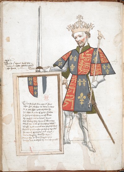 Englischer König in Rüstung und Wappenrock (Richard II), präsentiert eine Tafel mit Versen von English School