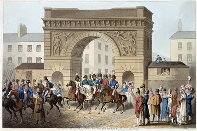 Engländer und Verbündete zogen in Paris ein in "Historical, military and naval anecdotes and incidents that arrived at the arms of Great Britain and their allies, ending in Waterloo" von Edward Orme. Illustriert von Fry, Sutherland, Clark, Dubourg, W.Heart von English School