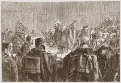 Episcopius spricht die Mitglieder der Synode von Dordrecht an, Illustration aus The History of Protestantism von James Aitken Wylie, veröffentlicht 1878 von English School