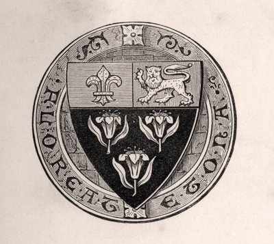 Eton-Schild über Rundel mit Schulmotto, Illustration aus Memoirs of Eminent Etonians von Sir Edward Creasy, veröffentlicht in London 1876 von English School