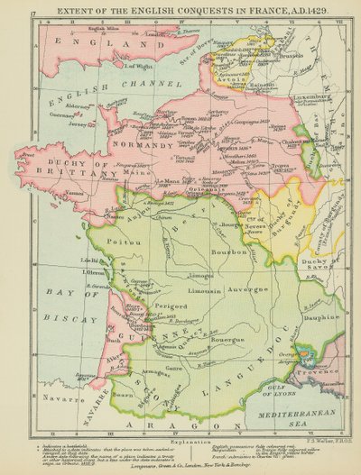 Ausmaß der englischen Eroberungen in Frankreich, 1429 n. Chr. (Farblithografie) von English School