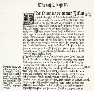 Faksimile des Matthäus-Evangeliums, Kapitel XIII, Verse 1-15, aus Tyndales Testament, Illustration aus The History of Protestantism von James Aitken Wylie, veröffentlicht 1878 von English School