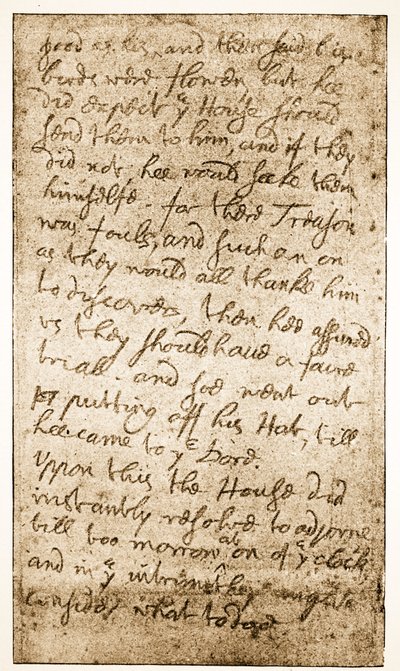 Faksimile einer Seite von Sir Ralph Verneys Notizen zum Langen Parlament aus Memoirs of the Verney Family (Sepia-Foto) von English School
