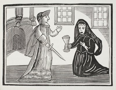 Die schöne Rosamunde wird von Königin Eleanor vergiftet, Illustration aus Chap-books des achtzehnten Jahrhunderts von John Ashton, veröffentlicht 1882 von English School