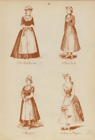 Kostüme: Mrs. Balchristie, Blauer Mantel, Bretone, Brieftaube (Lithografie) von English School