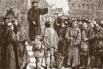 Farel predigt auf dem Marktplatz von Neuchatel, Illustration aus Die Geschichte des Protestantismus von James Aitken Wylie, veröffentlicht 1878 von English School