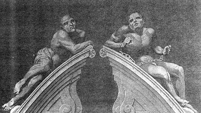 Figuren über dem Tor des Bethlehem Hospital, graviert von A. Birrell für Lamberts Geschichte Londons, 1805 von English School