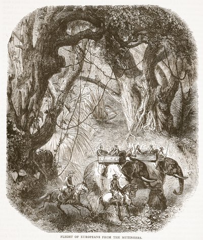 Flucht der Europäer vor den Meuterern, Illustration aus Cassells Illustrierter Geschichte Englands von English School