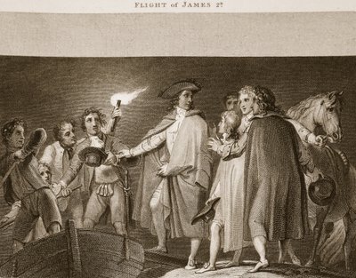 Flucht von James II, Illustration aus David Humes The History of England, veröffentlicht von R. Bowyer, London, 1812 von English School
