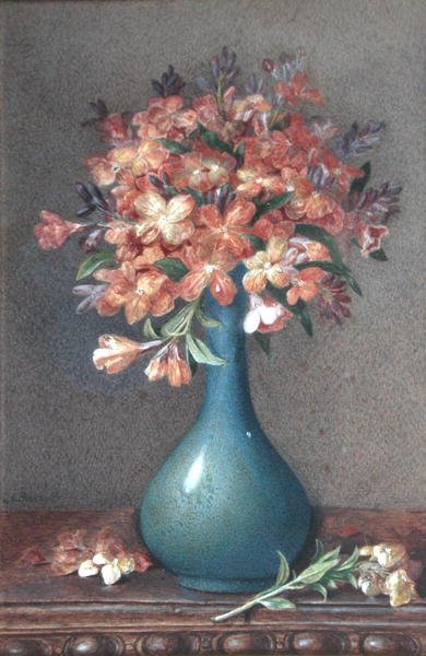 Blumen in einer blauen Vase von English School