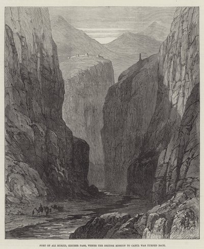 Fort von Ali Musjid, Khyber-Pass, wo die britische Mission nach Kabul zurückgewiesen wurde (Stich) von English School