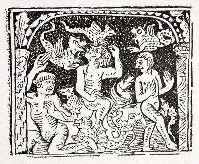 Viertes: Lazarus beschreibt, was er in der Hölle gesehen hat - ein schrecklicher Korb mit Schlangen, die Körper beißen und angreifen von English School