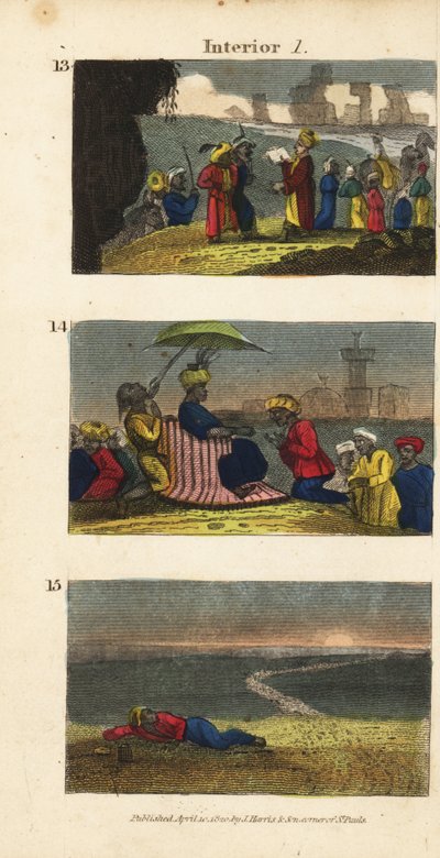 Frederick Horneman liest den Koran den Berbern der Siwa-Oase vor, eine Karawane begrüßt den Sultan von Fezzan und ein Reisender bleibt in der Wüste zurück von English School