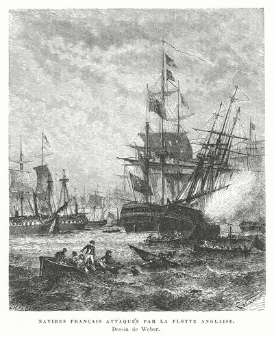 Französische Kriegsschiffe von einer britischen Flotte angegriffen von English School