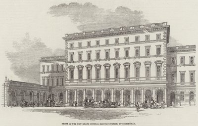 Front des neuen Grand Central Bahnhofs, in Birmingham (Gravur) von English School