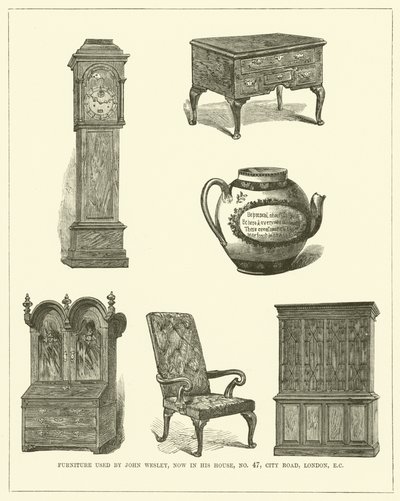 Möbel von John Wesley, jetzt in seinem Haus, Nr. 47, City Road, London, EC (Gravur) von English School