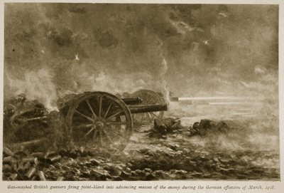 Gas maskierte britische Kanoniere feuern aus nächster Nähe auf vorrückende Massen des Feindes während der deutschen Offensive im März 1918, 1918-19 von English School