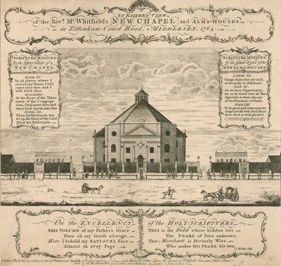 George Whitfields neue Kapelle und Almosenhäuser in Tottenham Court Road, London, 1764 von English School