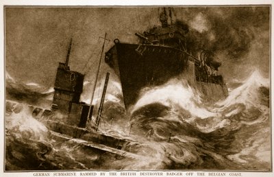 Deutsches U-Boot von britischem Zerstörer Badger vor der belgischen Küste gerammt, 1914-19 von English School