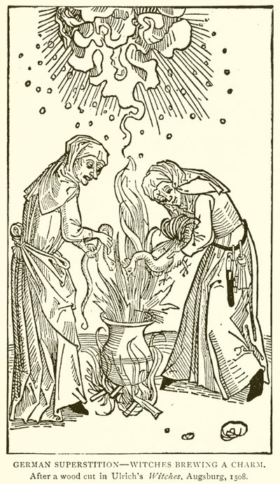 Deutscher Aberglaube--Hexen brauen einen Zauber. Nach einem Holzschnitt in Ulrichs Hexen, Augsburg, 1508 von English School