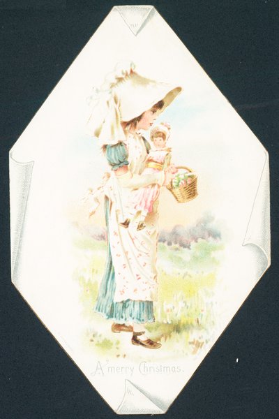 Mädchen trägt Puppe und Korb, Weihnachtskarte von English School
