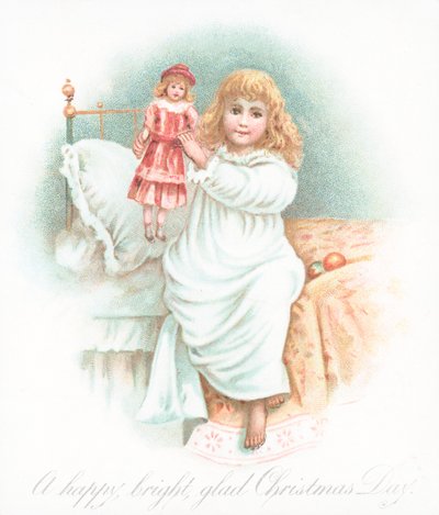 Mädchen steht am Weihnachtsmorgen mit Geschenk auf, Weihnachtskarte von English School